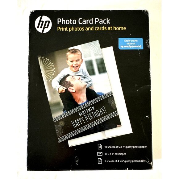 HP Photo Card Set 10 (5x7”) / 5 (4”x6”) Glossy Photo Paper / 10 (5x7”) Envelopes - Picture 1 of 5